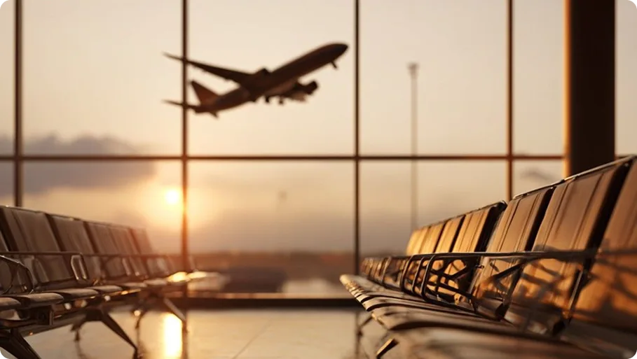 A plane taking off at dusk
